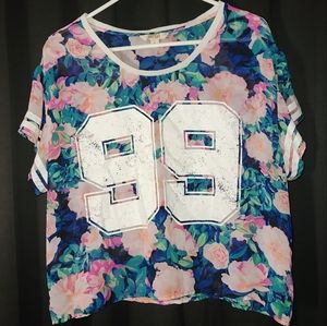 Sheer XL Crop Top Decree 99 Tropical Summer Print Short Sleeve